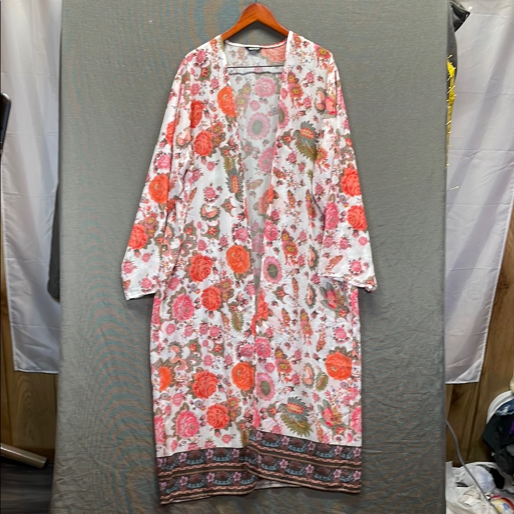 Feitong orange and Pink Oversized Tunic kimono with Notched Collar‎